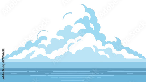 A calm seascape with stylized clouds and gentle waves creating a peaceful atmosphere