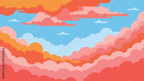 A vibrant and colorful illustration depicting fluffy clouds against a bright blue sky
