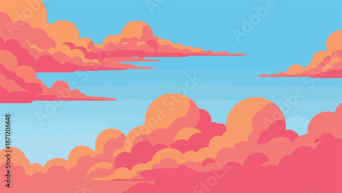 A vibrant and stylized illustration of fluffy orange and pink clouds against a blue sky