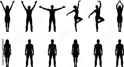 Human Body Silhouette Collection with Male and Female Figures in Standing, Dancing, and Yoga Poses, Black Full Body Shapes for Fitness and Design Use