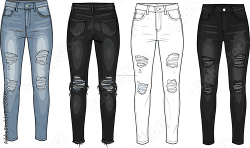 Ripped Skinny Jeans Collection in Blue, Black, and White Colors, Fashion Denim Pants Illustration Set for Clothing Design, Apparel Catalog, and Style Projects