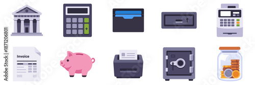 Finance and banking icon set with documents cash tools, colorful collection, flat style vector illustration