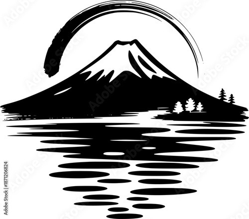 Black ink brush stroke arch over snow capped mountain reflected in water with pine trees peak summit