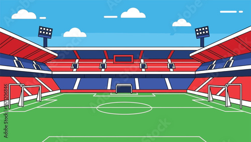 A vibrant cartoon illustration of an empty soccer stadium with red and blue seats