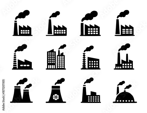 Collection of black factory with smoke plumes white background industry pollution