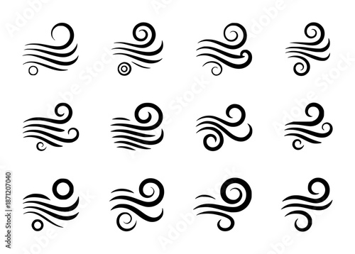 Collection of black stylized wind and symbols a white background weather swirl