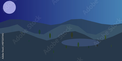 Serene night landscape with moonlit pond