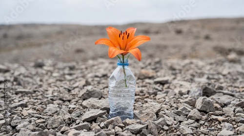 Single Vibrant Orange Flower Growing In Recycled Plastic Bottle