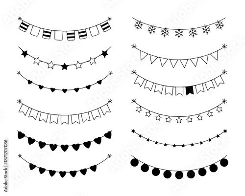 Collection of hand drawn black and white festive garlands with various shapes including flags stars hearts snowflakes and circles