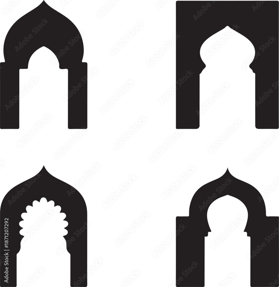 Fototapeta premium Four black silhouette images of ornate islamic arches and architectural details