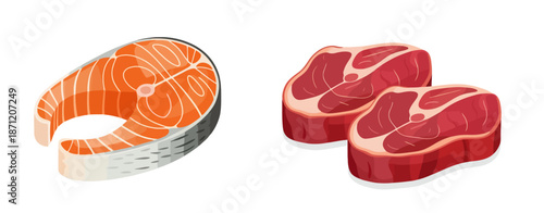 Raw salmon steak and raw beef steaks isolated white background meat