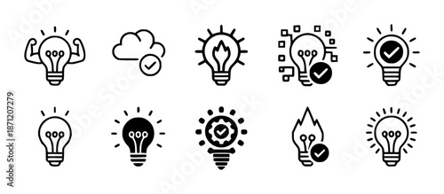 Set of black outline representing different concepts of ideas and innovation lightbulb symbol