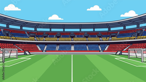 A vibrant cartoon illustration of a soccer stadium with colorful seating and a green field