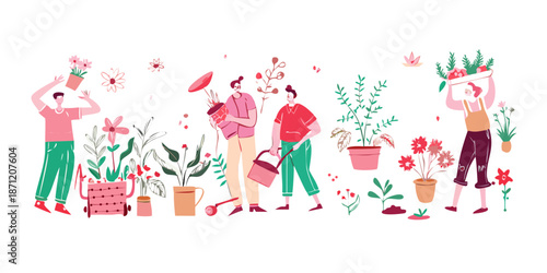A collection of people with indoor plants and gardening tools in a messy doodle style. Earthy tones mixed with bright pinks. Features flower crowns and watering cans. Hand-sketched vector illustration