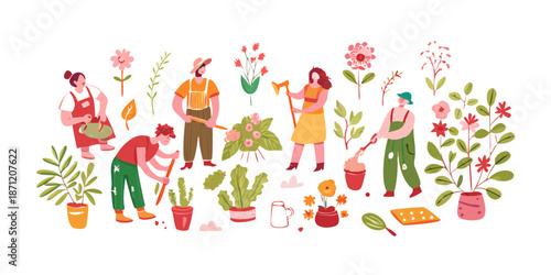A collection of people with indoor plants and gardening tools in a messy doodle style. Earthy tones mixed with bright pinks. Features flower crowns and watering cans. Hand-sketched vector illustration