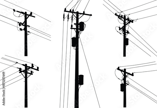 Electric power pole silhouette set, utility line structure, industrial electricity transmission post, black and white minimalist vector illustration, energy distribution concept
