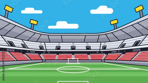 cartoon stadium illustration with green field white clouds and red spectator seating