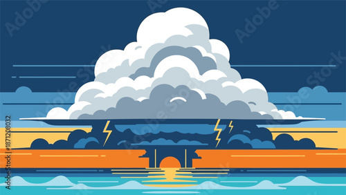 Dramatic storm clouds gather over a seascape with a setting sun and lightning strikes