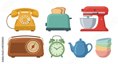 Retro home appliances and kitchenware collection illustrating nostalgia