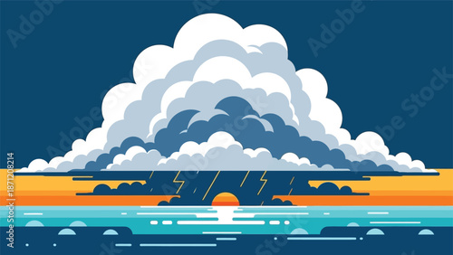 Dramatic storm clouds gather over the ocean with lightning and a setting sun visible