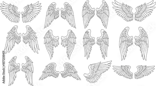 Hand Drawn Angel Wings Collection, Detailed Feathered Wing Line Art Set for Tattoo Design, Logo, Illustration, Print, and Decorative Graphic Use