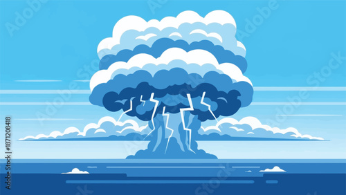 A dramatic illustration of a blue explosion with lightning over a calm ocean horizon