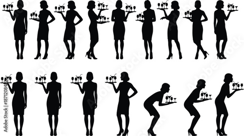 Waitress Silhouette Set Showing Catering and Hospitality Service Poses with Drink Trays for Restaurant, Event, Bar, and Banquet Design