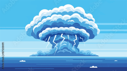 A dramatic illustration depicts a large cumulonimbus cloud unleashing a furious thunderstorm over the ocean