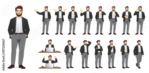 Large set of handsome business man in formal clothes. Different poses and various gestures male character standing and sitting at the desk isolated vector illustration