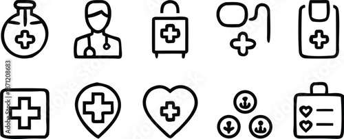 Collection of medical icons depicting healthcare safety and emergency services