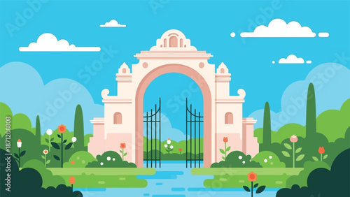 A picturesque pink stone archway with black gates framed by lush greenery and a blue sky