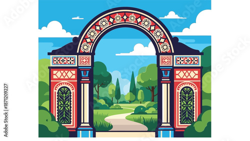 Ornate arched gateway leads to a lush green landscape under a bright blue sky