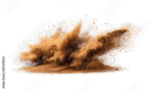A dramatic burst of brown and beige dust, like a powerful explosion or a kick-up of earth