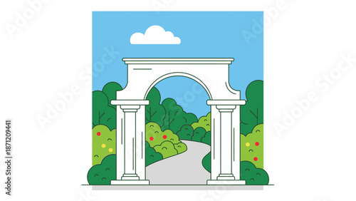 A simple illustration showcasing a white archway framed by lush green trees and a pathway