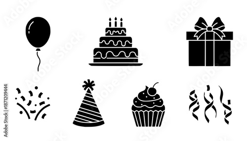 Celebration and party silhouette icon set – filled style festive, event, and birthday symbols for joyful occasions: balloon, cake, gift, hat, confetti, cupcake, streamers.