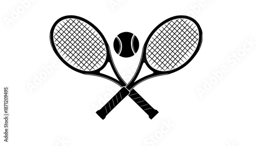 Two tennis rackets with a tennis ball in the middle. The rackets are crossed over each other
