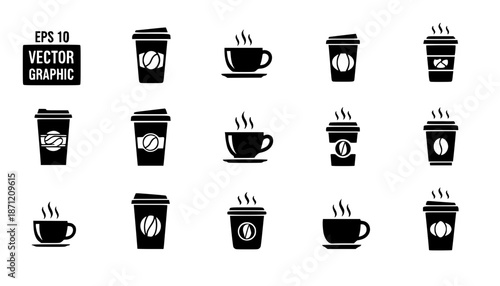 Coffee cup icon set. Cups of coffee tea collection. Hot drink icon. Disposable cup. Cup coffe with steam. Flat style. Vector Illustration. Vector Graphic. EPS 10