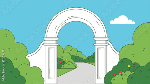 A charming garden archway leads to a winding path surrounded by lush green foliage