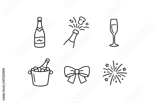 Simple celebration icons: champagne, fireworks, bow, and glasses in linear style