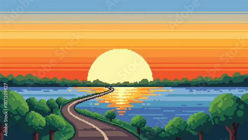 A tranquil pixel art landscape features a winding path calm water and vibrant sunset hues