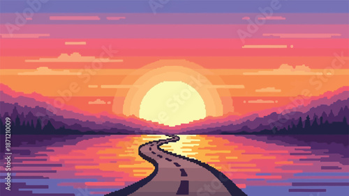 Pixel art landscape featuring a winding road vibrant sunset and calm water reflection