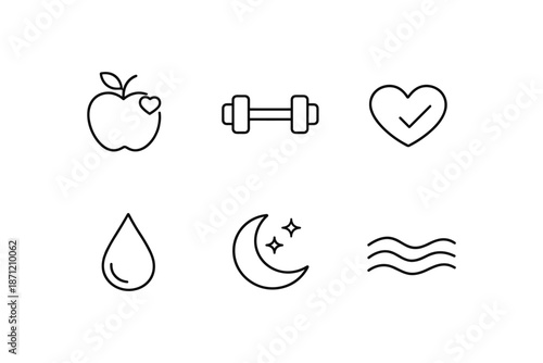 Healthy lifestyle icons: fitness, nutrition, wellness in minimalist line art