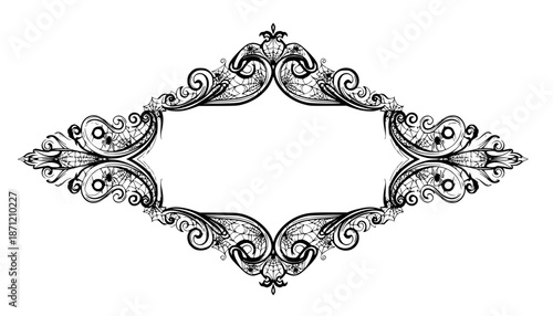 Halloween split monogram frame with spider web, ornate swirling decorative elements, fancy curls, line Calligraphy filigree scroll
