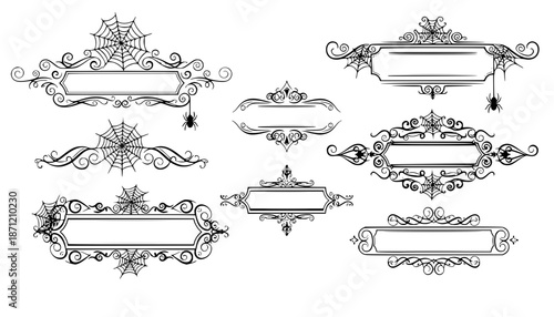 Halloween split monogram frame with spider web, ornate swirling decorative elements, fancy curls, line Calligraphy filigree scroll
