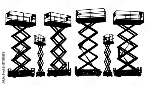 set of scissor lift machine silhouette, black and white silhouette, vector and illustration
