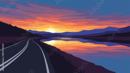 A winding road leads toward a colorful sunset reflecting on a still river in nature