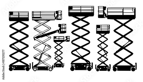 set of scissor lift machine silhouette, black and white silhouette, vector and illustration
