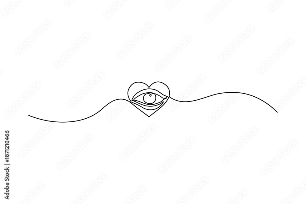 Obraz premium A minimalist one-line art illustration featuring a classic eye outline integrated with a heart shape, representing love, passion, and vision.