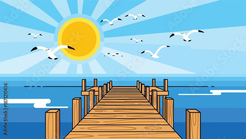 A bright sunny day at the beach with a wooden pier and soaring seagulls