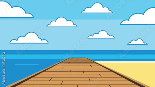 A simple illustration of a wooden pier extending towards a calm blue ocean and sky
